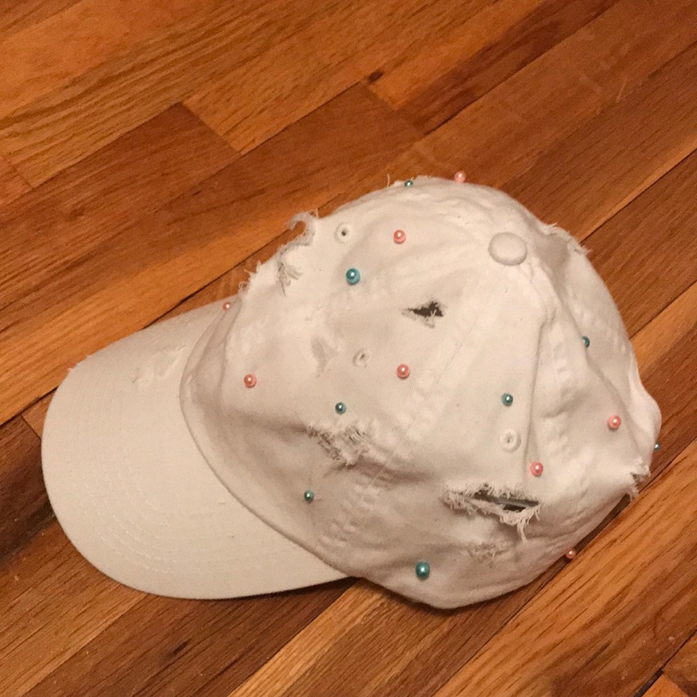 Custom distressed white denim and pastel pearl hat